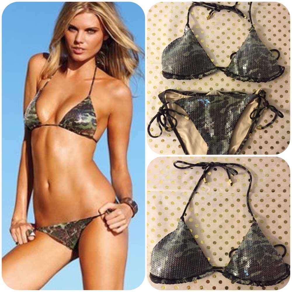 Sequin Camo Triangle Bikini - Green